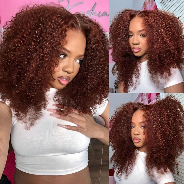 UNICE Bye Bye Knots Glueless Wig Reddish Brown Kinky Curly 7x5 Pre Cut Lace Front Wigs Human Hair Pre Plucked Invisible Knots Pre Everything Human Hair Wig 150% Density 16 inch