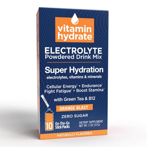 Vitamin Hydrate Electrolyte Powdered Drink Mix, Super Hydration, Boost Stamina & Fight Fatigue, Bursting with Electrolytes, Vitamins & Minerals, 0 Sugar, Orange Blast, 10 Stick Packs