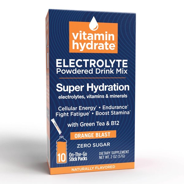 Vitamin Hydrate Electrolyte Powdered Drink Mix, Super Hydration, Boost Stamina & Fight Fatigue, Bursting with Electrolytes, Vitamins & Minerals, 0 Sugar, Orange Blast, 10 Stick Packs