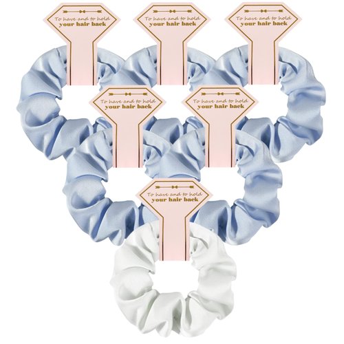 Loanzeg Satin Bridesmaid Scrunchies Bachelorette Hair Ties Set of 6 Bridal Shower No Damage Hairties ideas Gift for Wedding Party Favors Bridesmaid Proposal Gifts (White&Blue)