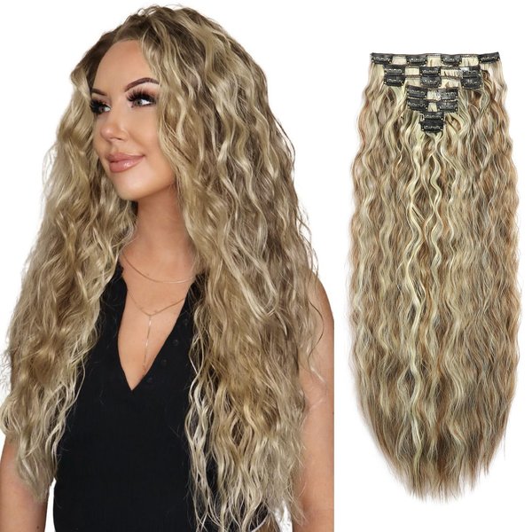 Curly Clip In Hair Extension 7PCS Natural Thick Deep Wave Hair Extension Clips Synthetic Long 24 inch hair extensions clip in Hairpiece (6H613#(Pack of 7))