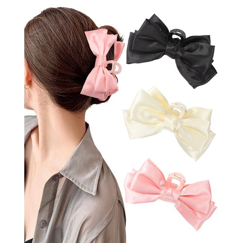 3 Pcs Bow Claw Clip Bow Clips for Women Satin Hair Bow Clips Nonslip Claw Clips for Thick Thin Hair Claws Clamps Barrettes (Black+White+Pink)