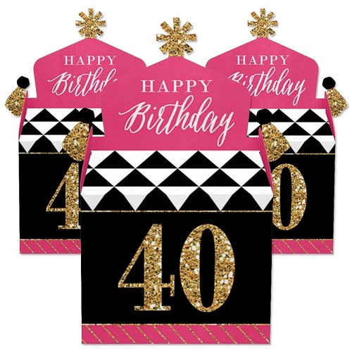 Big Dot of Happiness Chic 40th Birthday - Pink, Black and Gold - Treat Box Party Favors - Birthday Party Goodie Gable Boxes - Set of 12