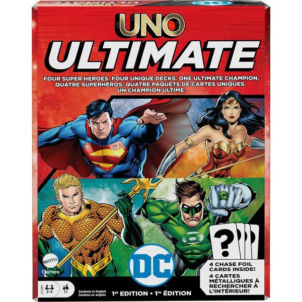 Mattel Games UNO Ultimate DC Card Game for Kids, Fans, Adults & Familiy Night with 4 Character Decks, 4 Collectible Foil Cards & Special Rules