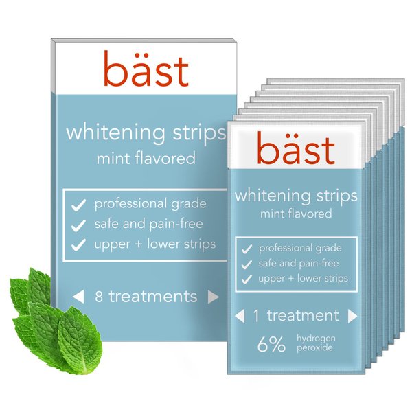 Bäst Teeth Whitening Strips Mint Flavored • Non-Slip, Enamel Safe and Professional Grade • Gentle & Effective Formulation • Whitener for Coffee, Wine, Tobacco, and Other Stains (8 Pack)