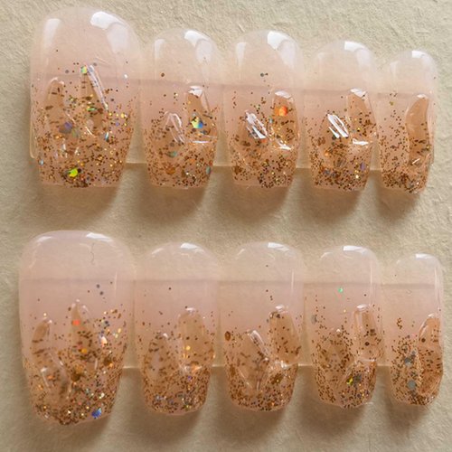 Hkanlre Press on Nails Rhinestones Coffin Medium Fake Nails Tips Full Cover Gold False Nails for Women and Girls 24PCS