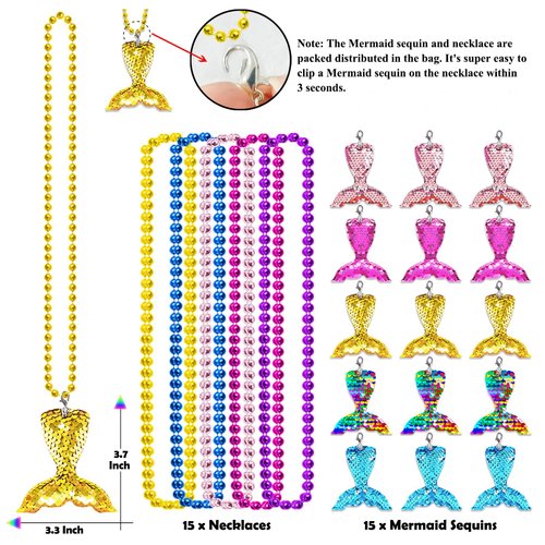 CiciBear 15 Pack Mermaid Sequin Necklace Party Favors with Mardi Gras Beads for Ocean Themed Party Favors, Home Decorations, Festivals, Wedding, Birthday Celebrations, 5 Colors