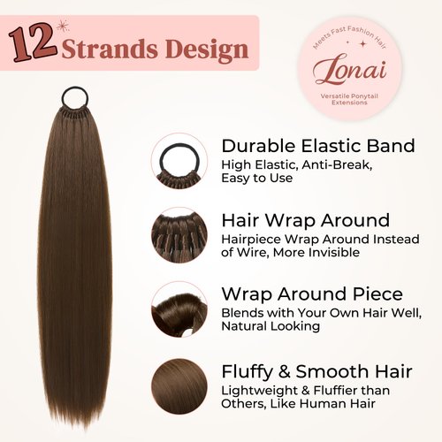 LONAI Ponytail Extensions, Versatile Elastic Band Brown Ponytail Extension for Women, 28" Long Straight Soft Natural Synthetic Pony Tails-Chocolate Brown