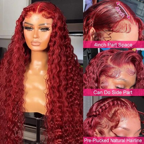 Burgundy Lace Front Wigs Human Hair 180% Density Glueless Wigs Human Hair Pre Plucked 13x4 99j Red Wigs Water Curly Human Hair Lace Front Wigs For Black Women (20 inch)