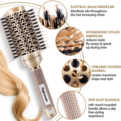 Round Brush for Blow Out, Nano Thermal Ceramic & Ionic Tech Round Barrel Hair Brush with Boar Bristle, Roller Brush for Blow Drying and Styling, 4 Free Clips (2.9 Inch, Barrel 1.7 Inch, 45mm)