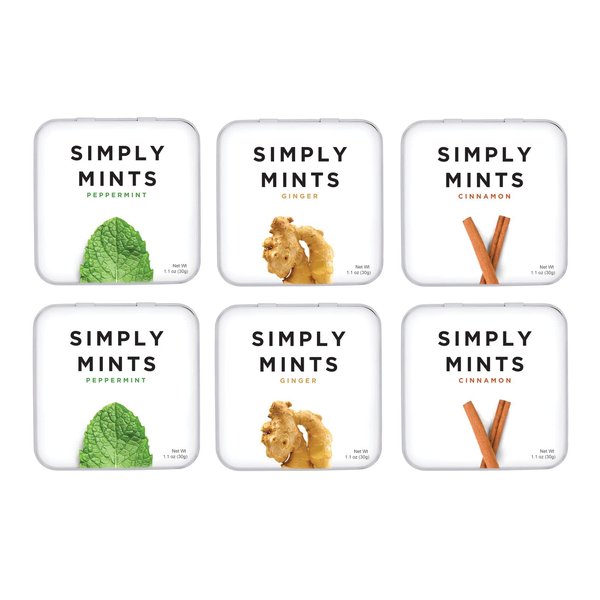 Simply Gum Mints | Variety Pack - Peppermint, Ginger, Cinnamon | Pack of Six | Breath Freshening + Aspartame-Free + non-GMO