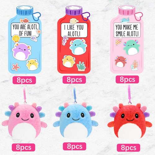ORIENTAL CHERRY Valentines Day Gifts for Kids - 24 Pack Axolotl Plush Toys Keychains with Valentines Gifts Cards for Boys Girls Toddlers Friends Classroom School Exchange Party Favors