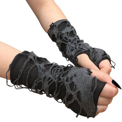 JISEN Women Punk Fingerless Gloves Ripped Cosplay Gothic Mittens for Halloween Costume Party E-Black