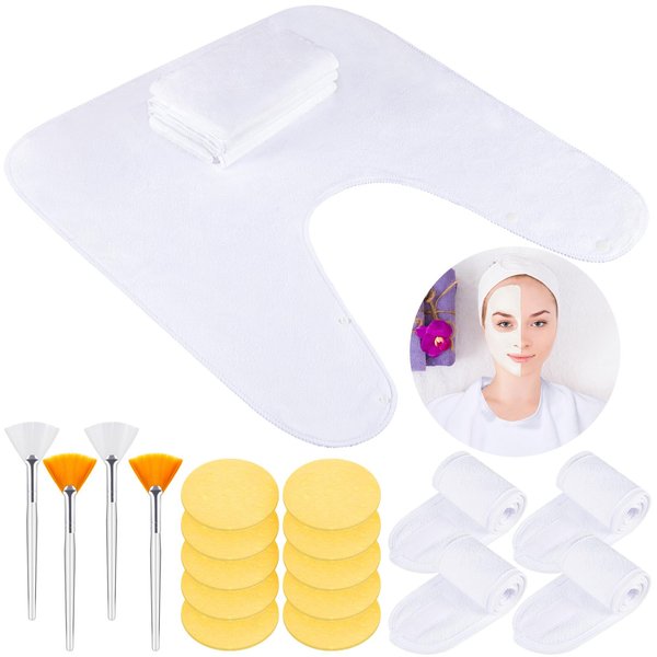 Tingjoo 4 Pcs Microfiber Esthetician Towels for Facials Mask with 4 Pcs Spa Facial Headband, 10 Pcs Compressed Facial Sponges, 4 Pcs Fan Brushes for Facial Esthetician Supplies