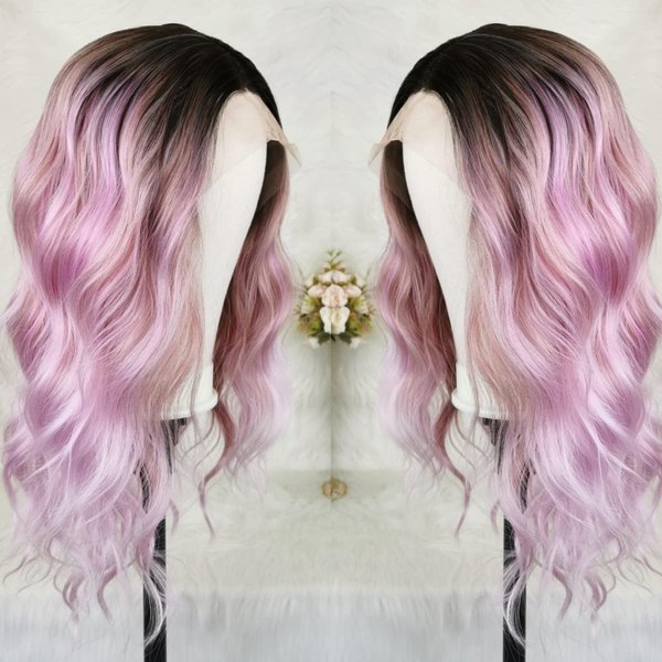 CIMITIKI Ombre Pinkish Mixed Purple Wig Rainbow Colored Highlight Synthetic Hair Pastel Rose Pink 13x4 Lace Front Wigs Loose Wavy 18Inch for Women Girls