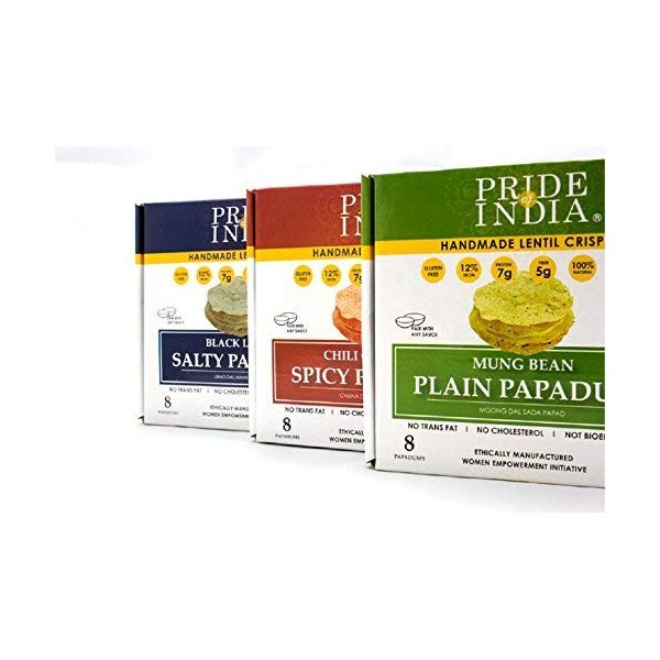 Pride Of India - Assorted Papadum Lentil Crisps - Plain, Salty & Spicy - Pack of 6 (2 Boxes per Flavor) - 6 * 3.53oz (100gm) per 10 Count Box - Party Perfect, Lentil Chips, Gluten-Free, Healthy Snack