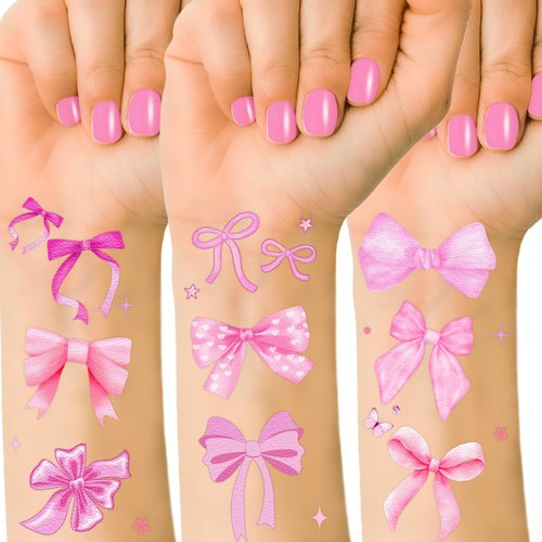 144PCS Pink Coquette Bows Temporary Tattoos Stickers, Coquette Birthday Decorations Coquette Tattoos Stickers Pink Bow Party Favors for Coquette Bachelorette Wedding Party Decor
