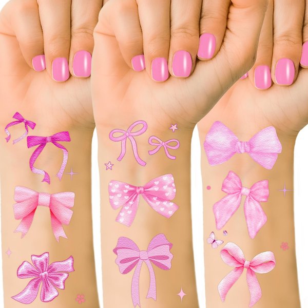 144PCS Pink Coquette Bows Temporary Tattoos Stickers, Coquette Birthday Decorations Coquette Tattoos Stickers Pink Bow Party Favors for Coquette Bachelorette Wedding Party Decor