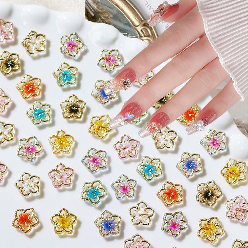 50Pcs Flower Nail Charms 3D Lovely Flower Charms Nail Rhinestones Gold Edge Glaze Design Resin Nail Jewels Colorful Floral Nail Art Charms Supplies Cherry Blossom Petals Nail Gems for Acrylic Nails