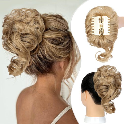 Wodelanle Claw Clip Messy Hair Bun Hair Piece for Women Wavy Curly Chignon Hair Buns Claw Clip Ponytail Hairpieces Tousled Updo Hair Extensions Scrunchie for Daily Use,Ash Blonde