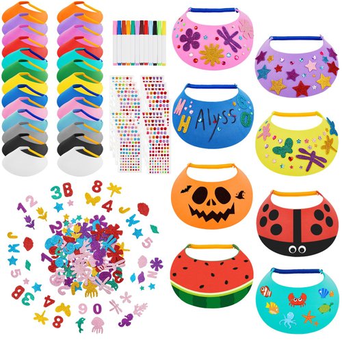 35 Pcs Foam Visors for Kids Include Assorted Color Sun Visor Foam Hats DIY Crafts Outdoor Sports Supplies, Stickers and Markers