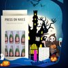 Halloween Press on Nails Medium Almond Matte Fake Nails Dark Green French Tip False Nails With Skull,Leaves Designs Full Cover Stick on Nails Acrylic Artificial Nails Glue on Nails for Women 24Pcs