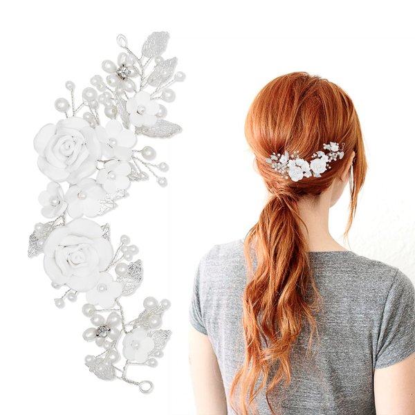9 Inch Flower Bridal Wedding Hair Vine Pearl Bridal Headpiece Floral Leaf Hair Accessories for Women and Girls (White)
