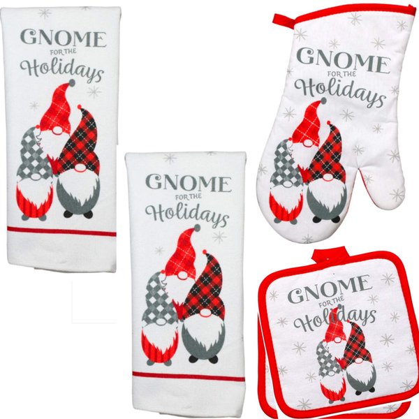 Gnome Decorations - Holiday Decor - Dish Towel Set (5 Pc) Gnome for the Holidays - Kitchen Towels - Oven Mitt - Pot Holders - Kitchen Decor - Printed Gnomes Kitchen Linens - Hand Towels