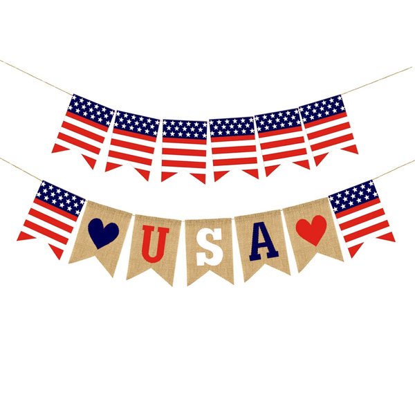 2pcs 4th of July Patriotic Banner Decorations Red Blue White USA American flag Jute Burlap Banner for Independence Day 4th of July Labor Day Military Events Flag Day USA Theme Party Decoration