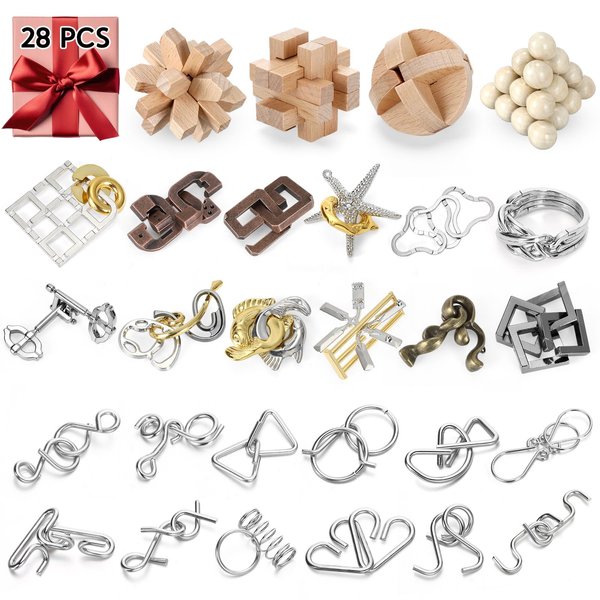 Seenelling 28 Pcs Brain Teaser Puzzles Wooden and Metal Cast 3D Unlock Interlocking Puzzles Gift IQ Educational Smart Puzzle Toys for Adult Puzzles