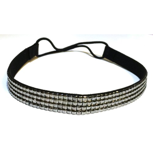 WigsPedia Rhinestone Crystal Stretch Headband 4-Row Head Piece Elastic Hair Band for Women (Metallic Hematite)