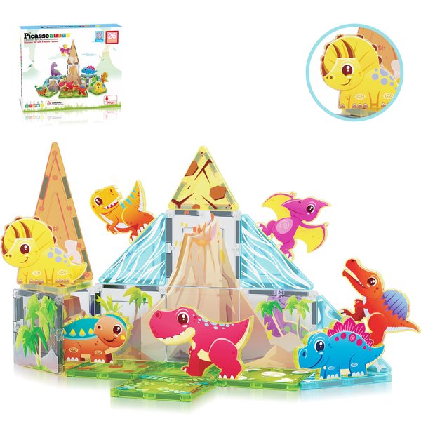 PicassoTiles Magnet Tile Building Blocks Dinosaur World Themed Playset with 8 Animal Character Action Figures Magnetic Tiles STEM Learning Pretend Play Toy Construction Set Boys Girls Ages 3+ PTQ23