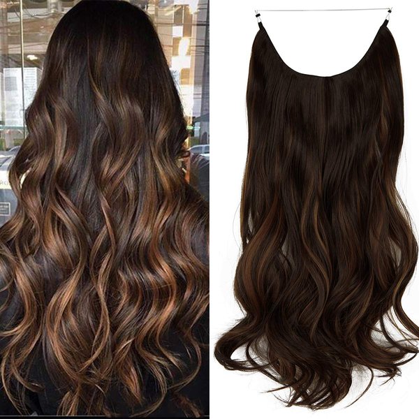 Long Wavy Hair Extensions with Invisible Transparent Wire Adjustable Size Fish Line Curly Hair Piece Hidden Wire Secret Hairpiece for Women No Clip 20 Inch 4.4 Oz (Dark Brown Mix Light Auburn)