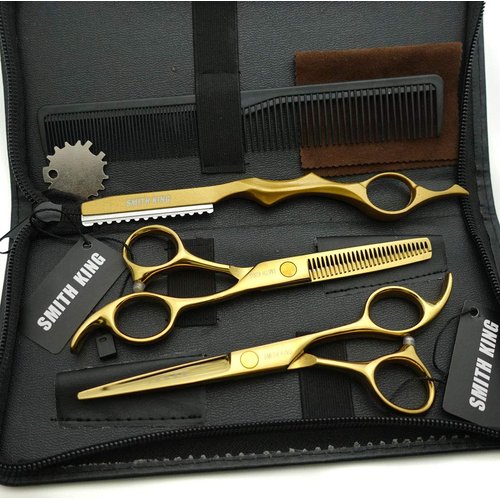 5.5 Inches Hair Cutting Scissors Set with Razor Combs Lether Scissors Case,Hair Cutting Shears Hair Thinning Shears for Personal and Professional (Gold)