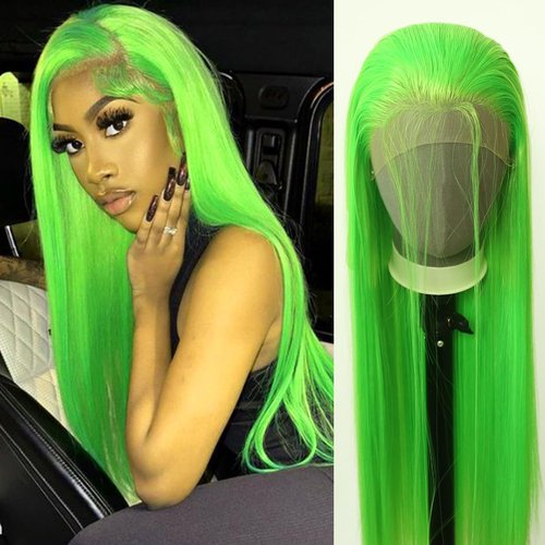 zigzag hair Lime Green Wig Long Straight Lime Green Synthetic Lace Front Wigs Pre Plucked with Natural Hairline for Fashion Women Heat Resistant Hair Glueless Synthetic Lace Wig (Lime Green)