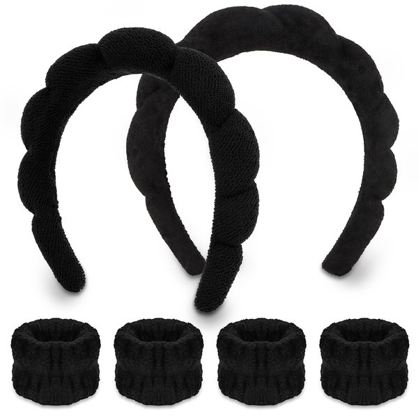 WHAVEL 6PCS Terry Cloth Spa Headband and Wristband Set, Makeup Headband Puffy Sponge Headband Face Wash Headband for Washing Face Women Mom Gifts(Black)