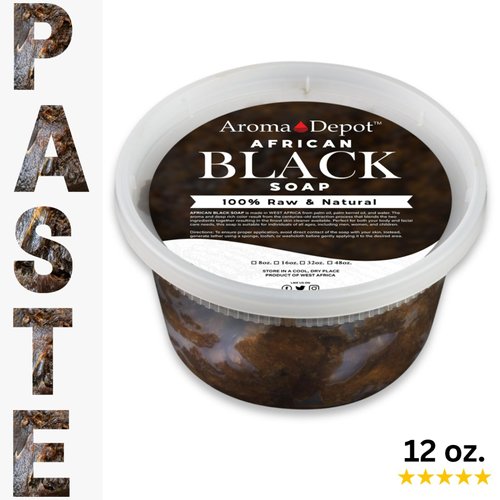 African Black Soap Paste 12 oz 100% Natural Raw soap for Acne, Eczema, Psoriasis, and Dry Skin Scar Removal Face And Body Wash. Handmade imported from Ghana