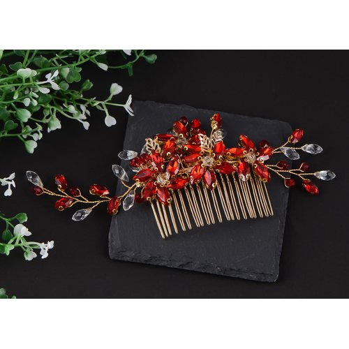 Alilang Red Crystal Rhinestone Bride Wedding Hair Comb Golden Leaf Bridal Hair Accessories