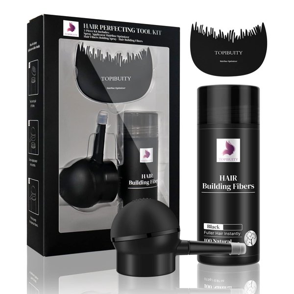 TOPIBUITY Hair Thickening Fibers & Applicator Set - Natural Long-Lasting Concealer for Fuller Hair, Thicker Beard & Crisp Hairlines (BLACK)