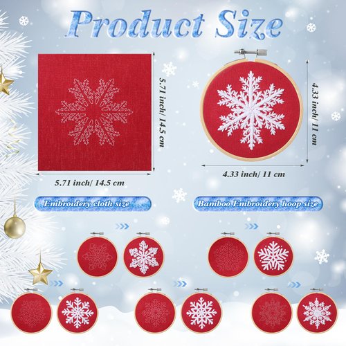 6 Sets Winter Embroidery Kit for Beginners Snowflakes Christmas Cross DIY Needlepoint Kit with Patterns, Instructions, Embroidery Hoops, Threads, Needles, Needle Threader, Ropes, Ribbon (Red)