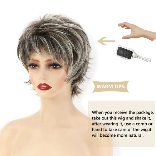 SEVENCOLORS Short Brown Mixed Blonde Wigs for White Women Layered Natural Pixie Cut Wigs Synthetic Short Hair Wigs for Women