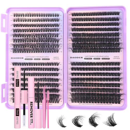DAODER Eyelash Extension Kit - 640pcs Fluffy Lash Clusters Kit 40D+60D+80D+100D Multi Style Thick Lash Extension Dramatic With Bond Seal and Revmover Waterproof 9-16mm(40D+60D+80D+100D Kit 640pcs)