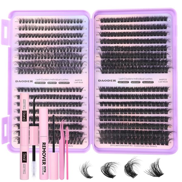 DAODER Eyelash Extension Kit - 640pcs Fluffy Lash Clusters Kit 40D+60D+80D+100D Multi Style Thick Lash Extension Dramatic With Bond Seal and Revmover Waterproof 9-16mm(40D+60D+80D+100D Kit 640pcs)