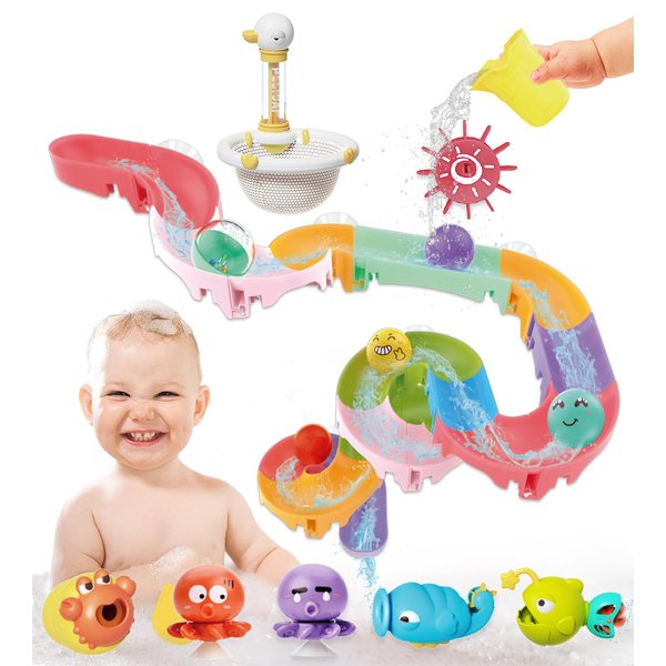 FORINCES Toddler Bath Toys - 41 PCS Kids Bathtub Toy Set with DIY Water Slide Track and Fishing Net Animals Floating Toys Baby Shower Time Game Toys for 1 2 3 4 5 Year Old Christmas Birthday Gifts