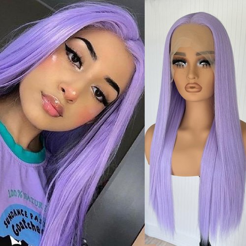 GJRainDY Purple Wig Synthetic Lace Front Wig for Women 13x4 Glueless Light Purple Long Straight Wigs 24 Inch Synthetic Lace Front Wig with Natural Pre Plucked Hairline