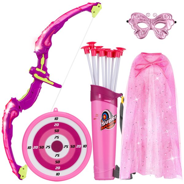 VGOFUN Kids Bow and Arrow Set- LED Light Up Archery Set Toy with Sparkling Princess Cape and Cute Butterfly Mask, 10 Suction Cup Arrows, Outdoor Toys Gifts for 3-8 Year Old Girls