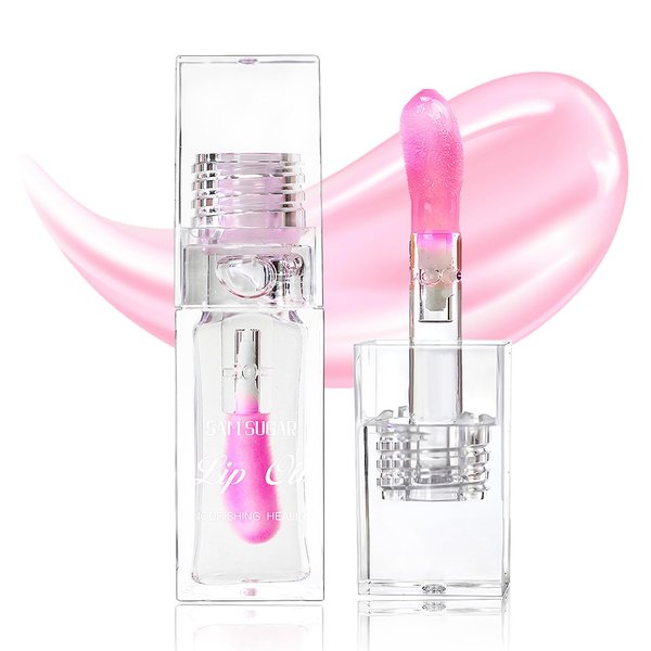Magic Color Changing Lip Oil, Big Brush Moisturizing Lip Glow Oil Transparent Lip Care, Long Lasting Nourishing Plumping Glimmer Glow Lipstick, Tinted Lip Gloss Non-sticky Fresh (01 Clear to Pink)