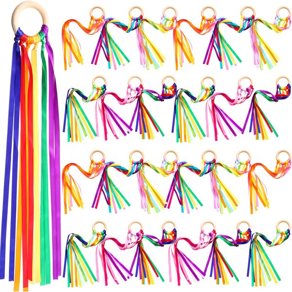 Junkin 24 Pcs Rainbow Hand Kite Waldorf Toys Creative Dancing Ribbon Streamer with Wood Ring Wrist Sensory Toys Learning Educational Toy for Playroom Dancing Birthday Party Gift(Rainbow)