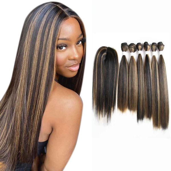 X-TRESS Highlight Balayage Synthetic Hair Bundles with Closure Yaki Straight Weft Weave Ombre Honey Blonde Swiss Lace Hair Extension Heat Friendly