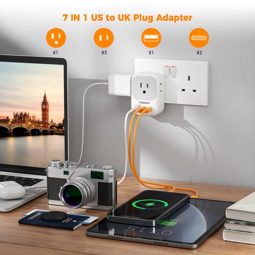 TESSAN US to UK Plug Adapter, Type G Travel Adaptor with 4 Electrical Outlets 3 USB Ports (2 USB C), Ireland Power Adapter for USA to England London Scotland Dubai Singapore Qatar Kenya British